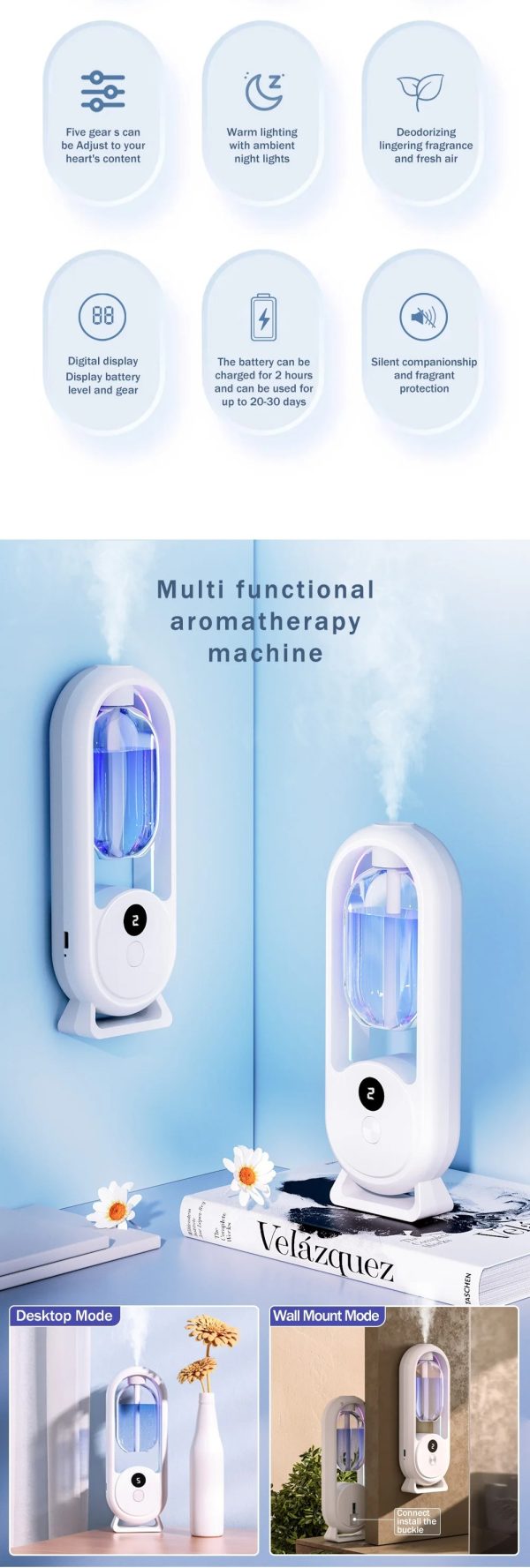 Rechargeable 5-mode Aromatic Diffuser – Timed Essential Oil Air Freshener For Bedroom